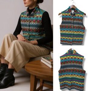 184 Chico's | EUC India Boho Vest - Black Yellow Colorful Aztec Pattern (Size 1)